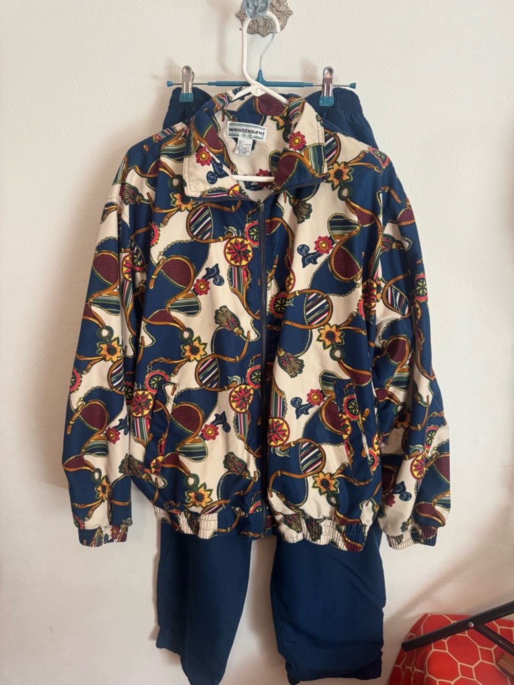 Westbound Vintage Patterned Windbreaker Jacket - Navy & Cream Vintage